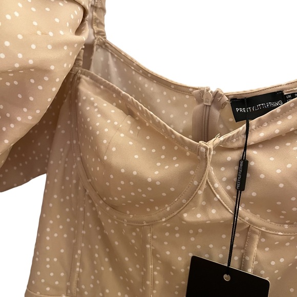 NWT PrettyLittlething Stone Polka Dot Binding Detail Ruched Hem Bodycon Dress - Picture 5 of 7